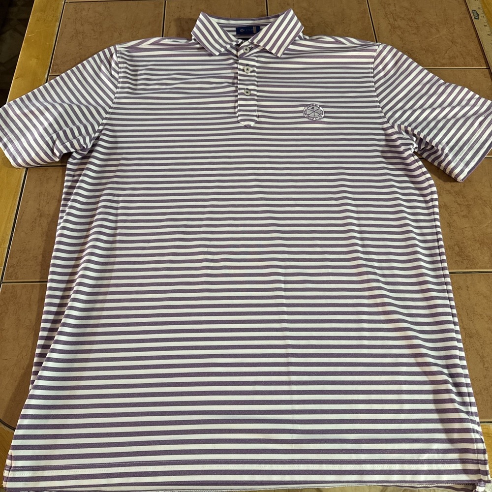 Stitch Polo Shirt Sz M/L Purple White‎ Stripe Performance Stretch Pete Dye Golf
